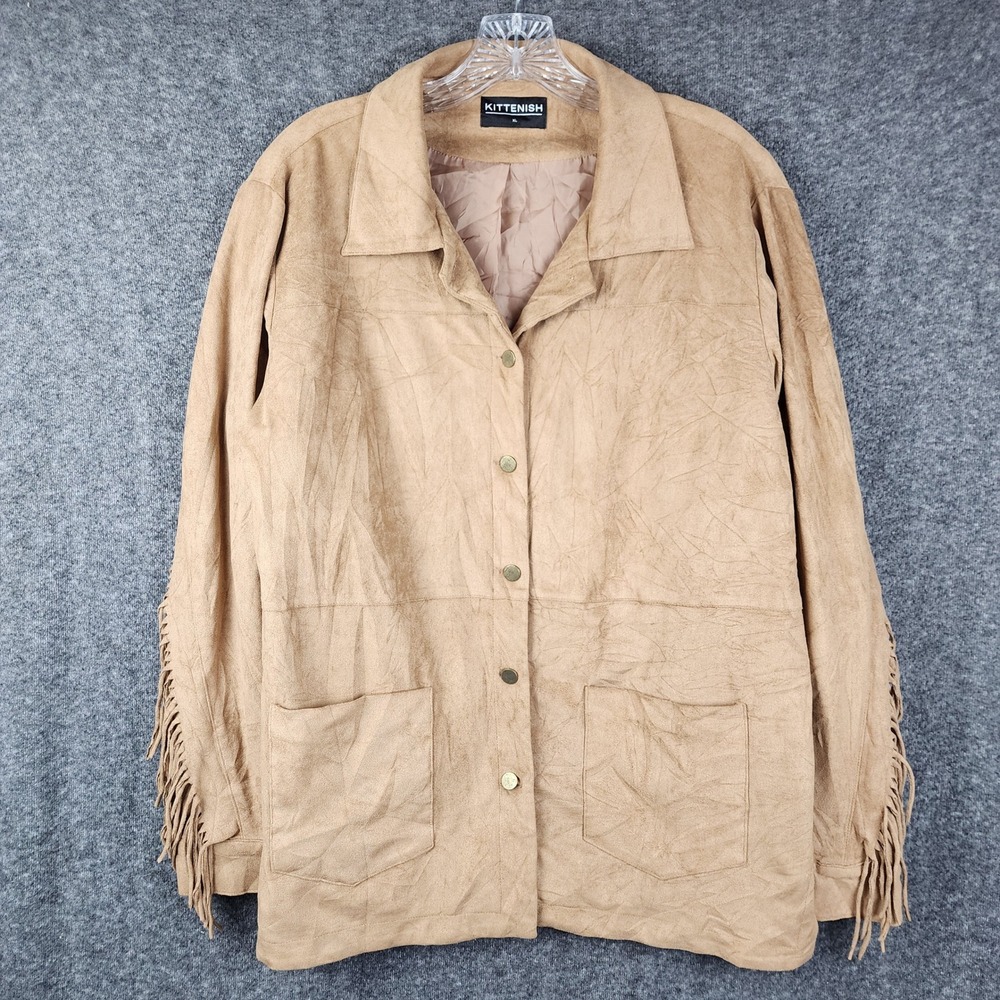 Kittenish Fringe Jacket Mens XL Tan Faux Suede Western Boho Snap Front Pocket